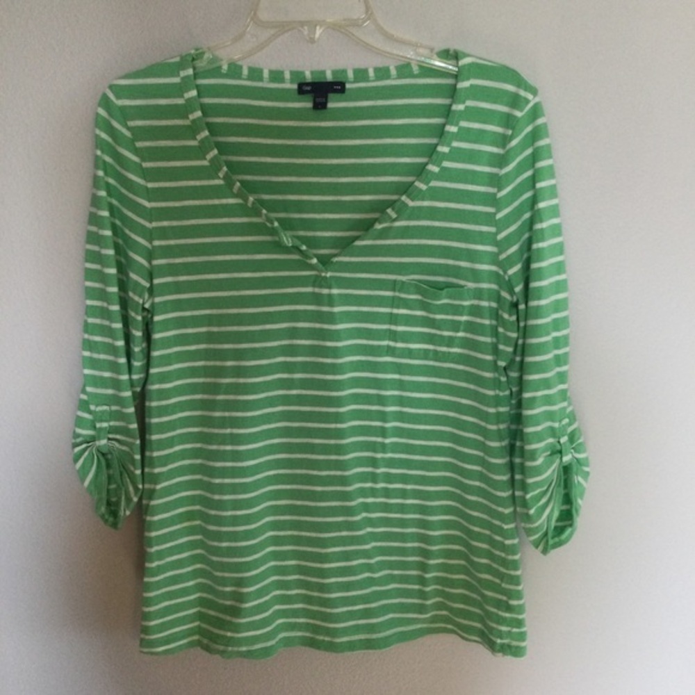 Gap Cotton Green & White Stripe 3/4 Sleeve Top Size Large